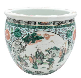 Large Chinese Famille Vert Porcelain Planter: Large Chinese Famille Vert Porcelain Planter green ground having cartouches featuring scholars in a garden and scrolling vine motif with flowers height 12 inches, diameter 14 1/2 inches