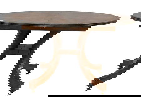 Holly Hunt Mahogany Extension Center Table: Holly Hunt Mahogany Extension Center Table having inlaid brass center design bordered by band inlay set on four splayed legs ending in brass capped feet, with Watertown Co. metal extenders, 2 leaves 2