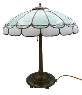 Leaded Panel Shade Table Lamp: Leaded Panel Shade Table Lamp one panel cracked height 20 inches, diameter 19 inches