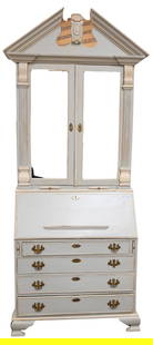 Chippendale Style Two Part Secretary Desk: Chippendale Style Two Part Secretary Desk having double mirrored doors height 98 inches, width 38 inches Provenance: Part of a collection from Essex, Connecticut