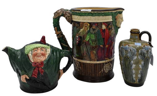 Three Royal Doulton Stoneware Pieces: Three Royal Doulton Stoneware Pieces to include Lambeth Art Nouveau flower vase, Charles Noke for Royal Doulton "Shakespeare" beer jug, circa 1936, edition 633/1000, along with Sairey Gamp Teapot, cir