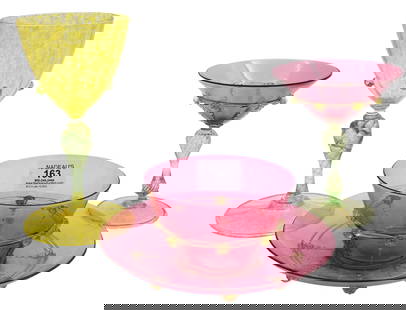 36 Piece Salviati Venetian Art Glass Group: 36 Piece Salviati Venetian Art Glass Group to include nine gold goblets, six cranberry martini glasses, four cranberry bowls, and and 17 underplates, each having applied rigaree, prints and threads wi