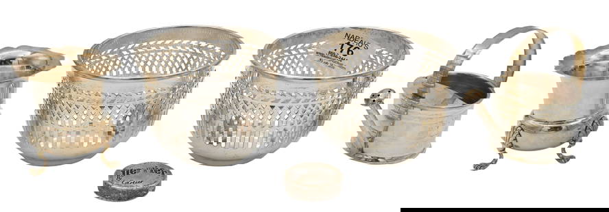 Five Piece Cartier Sterling Silver Group: Five Piece Cartier Sterling Silver Group to include pair of pierced baskets, small urn form bowl, Perrier cap, and water can tallest 2 1/2 inches, total weight 8.7 t.oz.