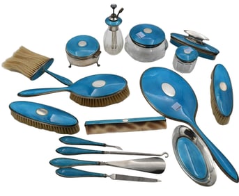 16 Piece Art Deco Sterling Guilloche Turquoise Vanity Set