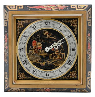 Chelsea Table Clock Decorated in Asian Influence: Chelsea Table Clock Decorated in Asian Influence 6 1/2" x 6 1/2" Provenance: Property from the Estate of E.T. Krolikowski, III of Laurel Beach in Milford, Connecticut