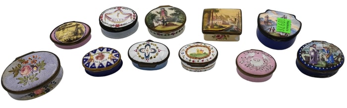 Eleven English Bilston Battersea Enamel Boxes