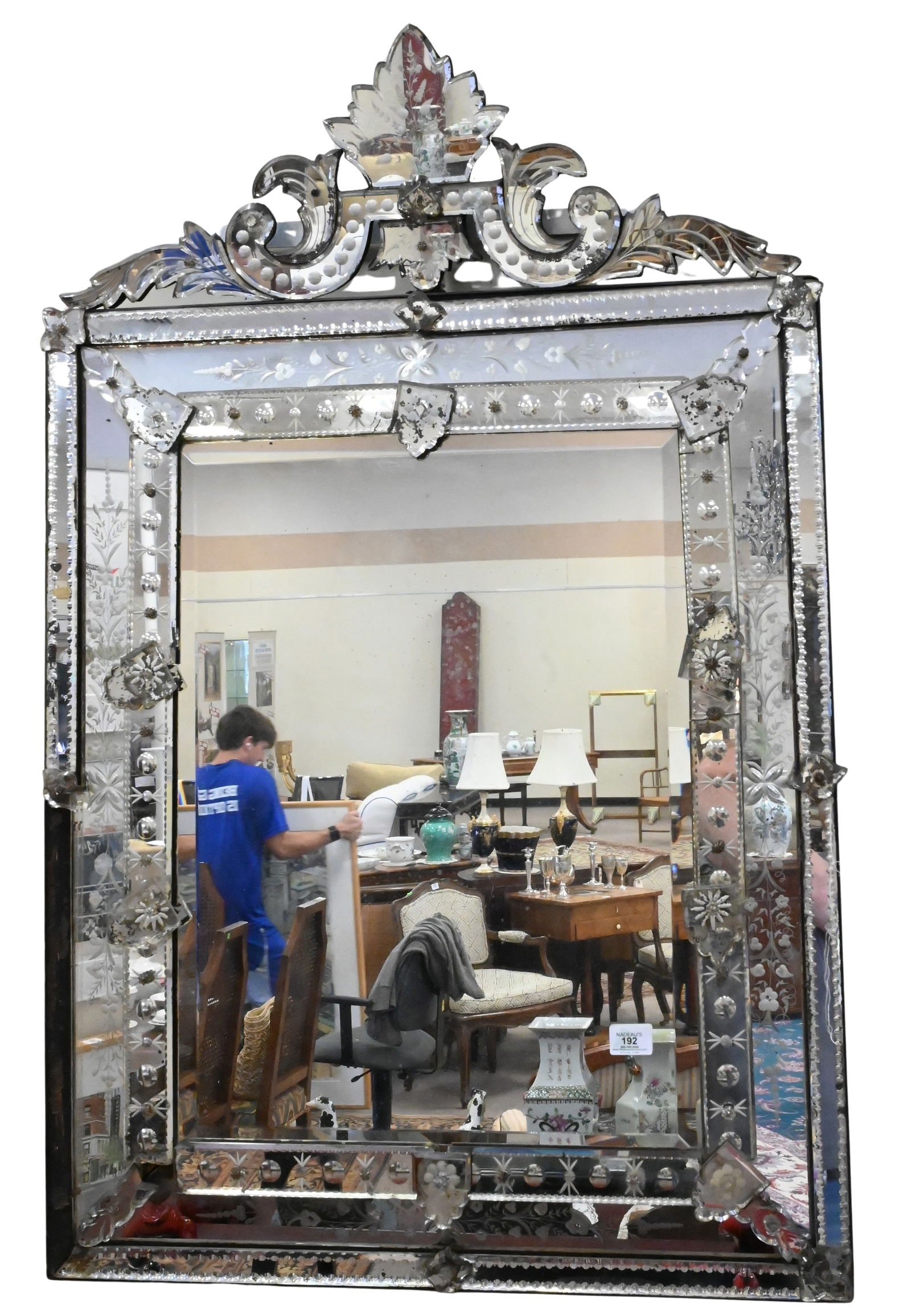 Venetian Mirror: Venetian Mirror having etched glass, floral design, and beveled glass minor losses height 46 inches, width 30 inches