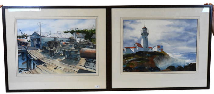 Two: Edward Martin (American 20th Century): Two: Edward Martin (American 20th Century) Lighthouse Seascape Watercolor on paper Signed Edward A. Martin 31 1/2" x 37 1/2" frame size Harbor Scene Watercolor on paper Signed Edward A. Martin 31 1/2"