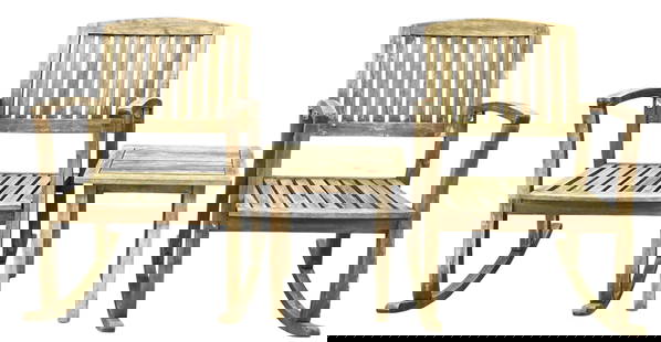 Three Piece Teak Lot: Three Piece Teak Lot to include two rockers, one small table chair height 36 inches, width 24 inches