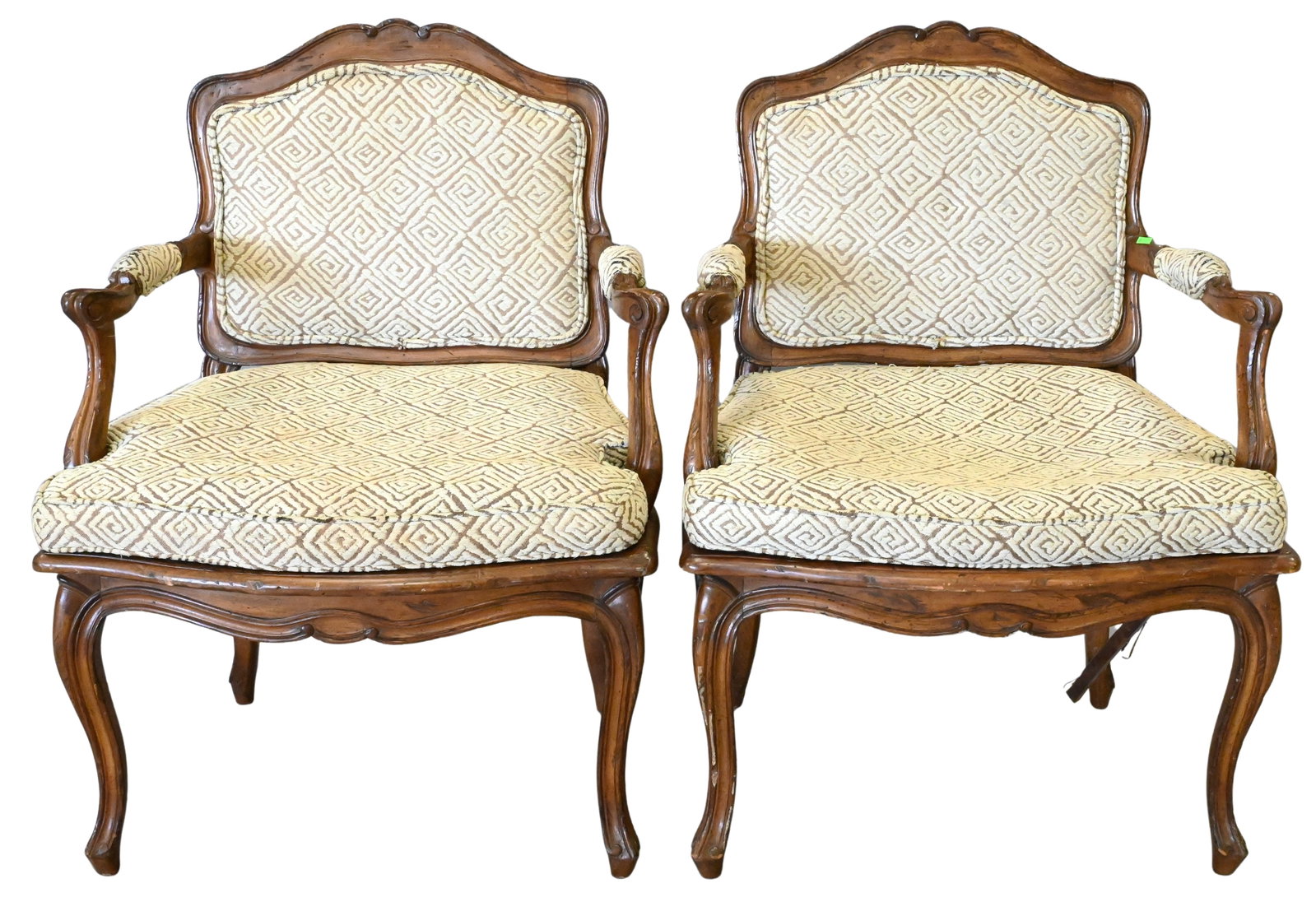 Pair of Louis XV Style Fauteuils: Pair of Louis XV Style Fauteuils having caned seats under cushions, one caned seat in need of replacement height 38 inches, width 26 inches