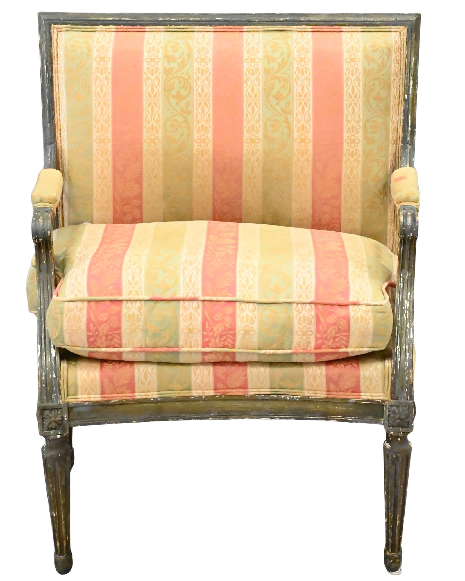 Louis XVI-Style Armchair: Louis XVI-Style Armchair set on tapered reeded legs, circa 1920 height 35 1/2 inches, width 28 inches, depth 16 inches