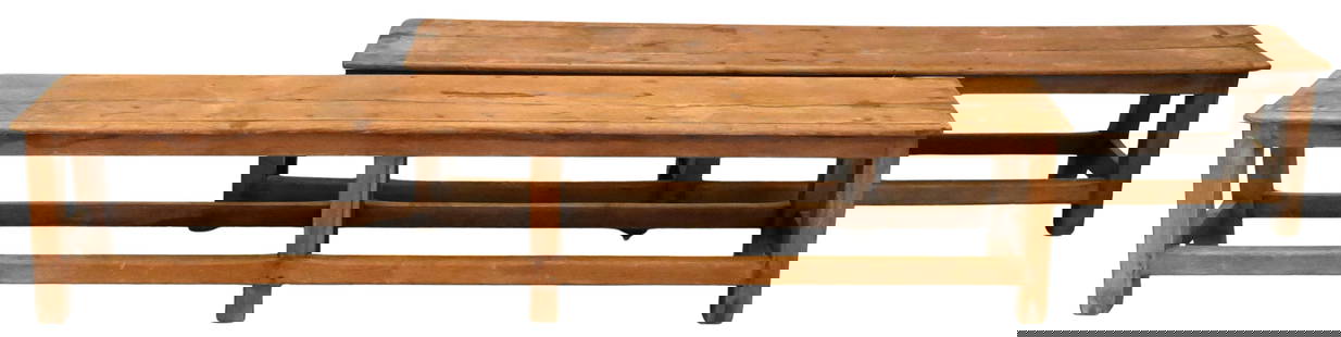 Two Hardwood Benches: Two Hardwood Benches having box stretchers height 14 inches, top 11 1/2" x 72"