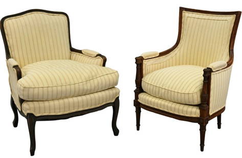 Two French Upholstered Arm Chairs: Two French Upholstered Arm Chairs each having walnut frames and matching upholstery height 37 1/2 inches and 35 inches, width 26 inches and 29 inches