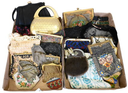 Two Box Lots of Vintage Beaded Purses: Two Box Lots of Vintage Beaded Purses to include some floral beaded tapestry clutches, along with silver chain clutches largest 6" x 8"