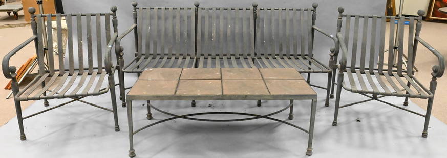 Four Piece Metal Outdoor Furniture Lot: Four Piece Metal Outdoor Furniture Lot three seat bench, two armchairs along with coffee table with inset tiles bench height 38 inches, length 75 inches