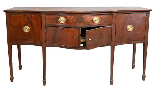 Federal Mahogany Sideboard: Federal Mahogany Sideboard having shaped front on square tapered legs ending in spade feet, all with line inlays, repaired back leg, American circa 1800 height 36 1/2 inches, top 27 1/2" x 69 1/2"