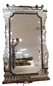 Venetian Monumental Etched Glass Over Mantle Mirror