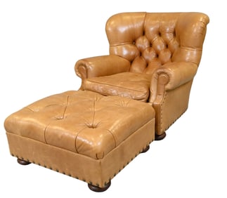 Ralph Lauren Tan Leather Upholstered Easy Chair and Ottoman