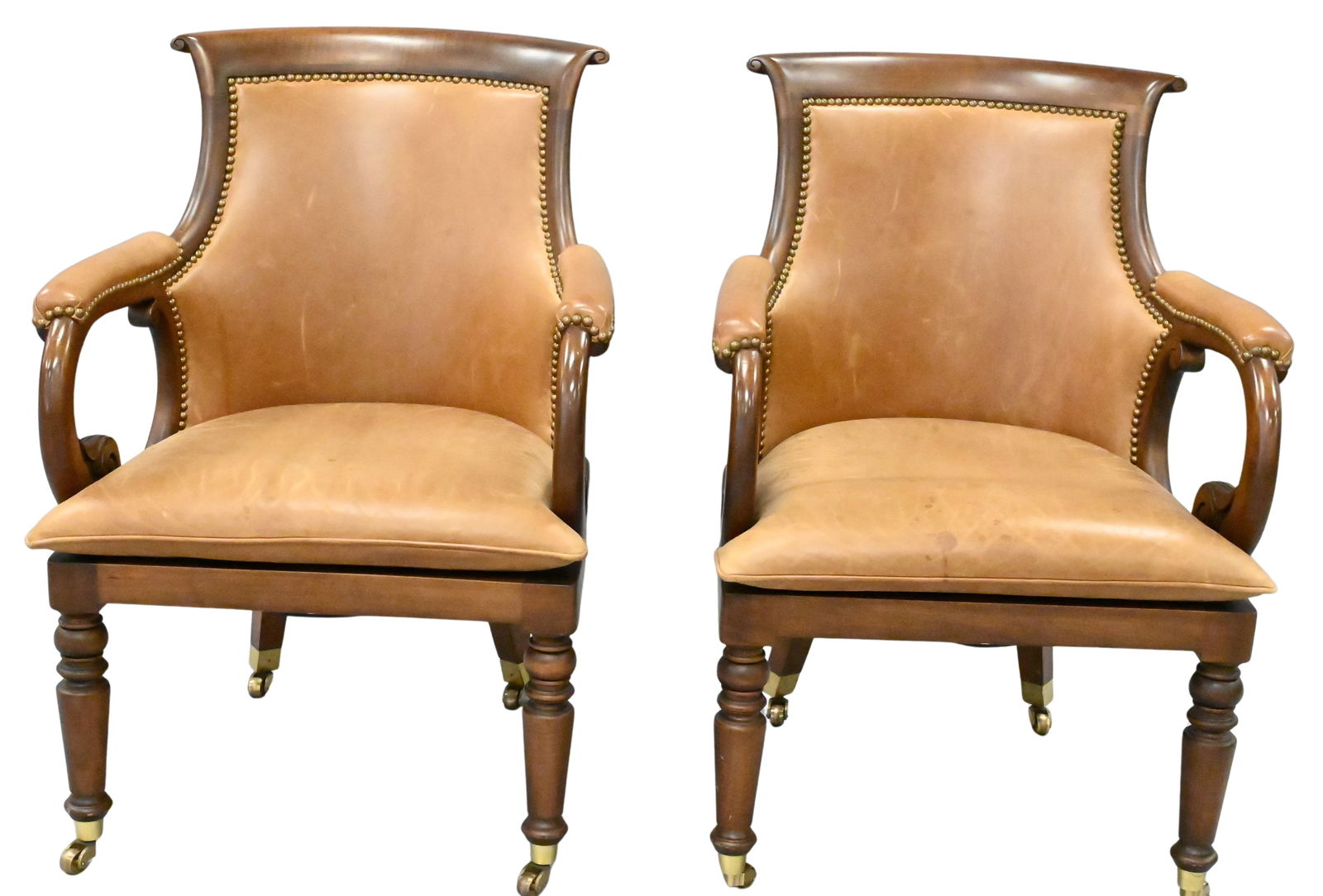 Pair of Federal Style Armchairs: Pair of Federal Style Armchairs having leather upholstery and brass capped feet height 34 inches, width 24 inches
