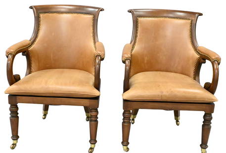 Pair of Federal Style Armchairs: Pair of Federal Style Armchairs having leather upholstery and brass capped feet height 34 inches, width 24 inches