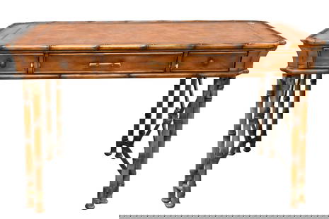 Seven Seas by Hooker Faux Bamboo Writing Desk: Seven Seas by Hooker Faux Bamboo Writing Desk having burl top over three drawers height 30 inches, top 32" x 54"