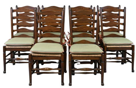Set of Ten French Style Oak Ladder Back Side Chairs: Set of Ten French Style Oak Ladder Back Side Chairs all with rush seats and custom cushions height 45 inches, width 20 inches, depth 18 inches
