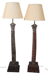 Pair of Neoclassical Polychrome Wooden Column Floor Lamps