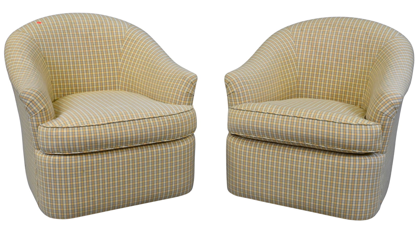 Pair of Carol Kurth Collection Upholstered Chairs on Wheels: Pair of Carol Kurth Collection Upholstered Chairs on Wheels with pillows along with lift top ottoman, chairs faded on right side chair height 29 inches, width 31 inches, ottoman height 19 inches, widt