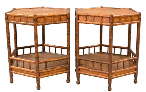 Pair of Faux Bamboo End Tables: Pair of Faux Bamboo End Tables with rush tops height 26 1/2 inches, diameter 26 inches