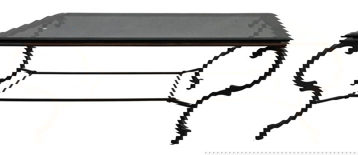 Iron and Glass Top Coffee Table: Iron and Glass Top Coffee Table having beveled glass to set on rope edge height 18 inches, top 36" x 48" Provenance: Part of a collection from Essex, Connecticut