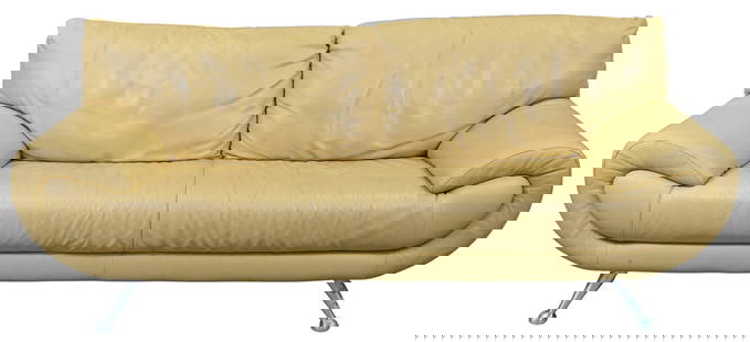 Nicoletti Home Italian Yellow Leather Sofa: Nicoletti Home Italian Yellow Leather Sofa having carved arms on metal frame with splayed legs height 34 inches, length 84 inches, depth 36 inches