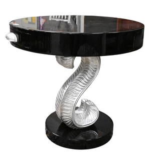 Black Lacquered Art Deco Round Pedestal Table: Black Lacquered Art Deco Round Pedestal Table having thick round lacquered top above serpentine leaf form support with silver overlay, single drawer all over round plinth base height 28 inches, diamet
