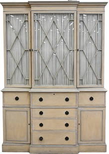 Baker Two Part Breakfront: Baker Two Part Breakfront having bowed glazed door and butlers desk height 82 1/2 inches, width 58 inches, depth 16 inches