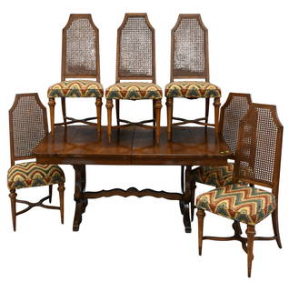 Fruitwood Dining Table and Six Cane Back Chairs: Fruitwood Dining Table and Six Cane Back Chairs table with three extra leaves, each 17 inches table height 30 inches, chair height 44 1/2 inches, top 42" x 63"