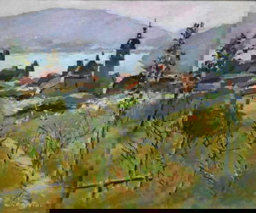Alfred Chagniot (French 1905-1991): Alfred Chagniot (French 1905-1991) "Talloires" French Village Landscape Oil on canvas Signed lower right Chagniot, titled and artist biography verso 20" x 24" Provenance: Newman Galleries, New York ($