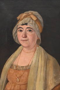 American School Folk Art (Early 19th Century): American School Folk Art (Early 19th Century) Portrait of a Regency Woman in a bonnet, shawl and gold necklace Oil on canvas 21 1/2" x 15"