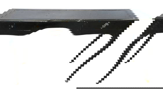 French Louis XV Style Black Lacquered Desk: French Louis XV Style Black Lacquered Desk having leather top, two drawers, all over cabriole and brass capped feet, has old Logan and Brothers, New York paper label height 29 inches, top 25" x 60"