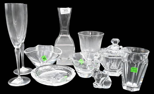 10 Piece Baccarat and Steuben Crystal Group: 10 Piece Baccarat and Steuben Crystal Group to include Baccarat vase, drinking glass, covered jar, Daum dog figure, three Steuben vases, Lalique carpe fish ashtray, along with pair of St. Louis champa