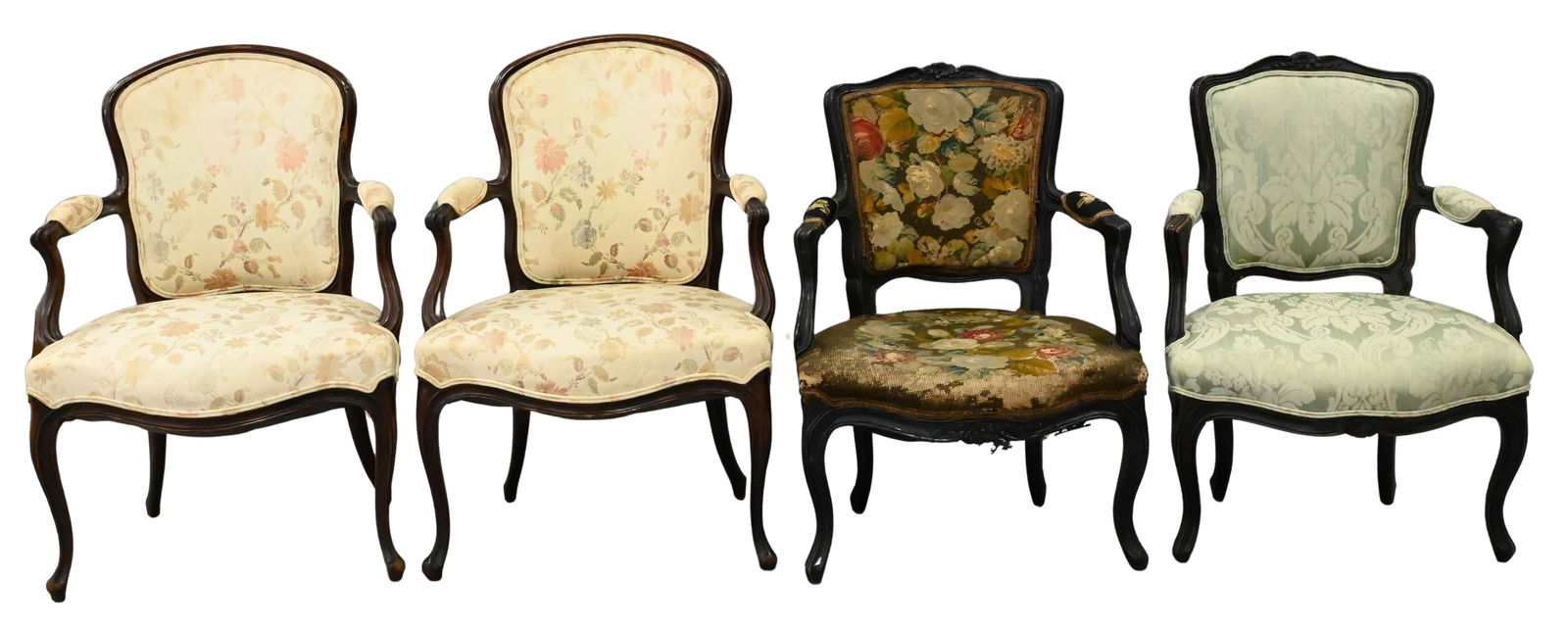 Four Louis XV Style Chairs: Four Louis XV Style Chairs to include one pair of chairs with one having needlepoint upholstery, etc. largest height 36 inches