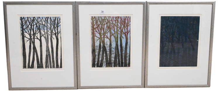 Set of Three Framed Contemporary Woodcuts: Set of Three Framed Contemporary Woodcuts Trees in a Forest, Color Progression, 1995 Woodcuts in color Signed and dated lower right G.C.H. '95 25" x 19 1/2" frame size