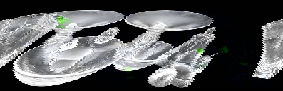 Seven Piece Steuben Crystal Group: Seven Piece Steuben Crystal Group to include "Love Embrace" paperweight, cat paperweight, two pedestals, freeform vase, along with two candy dishes/bowls, each signed on base, some with original boxes