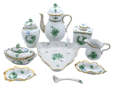 Nine Piece Herend Porcelain "Chinese Green Bouquet" and "Indian Basket" Partial Tea Service