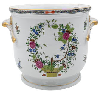 Large Herend Porcelain "Indian Basket" Cache Pot: Large Herend Porcelain "Indian Basket" Cache Pot having polychrome floral motif and gilt accents height 8 1/2 inches