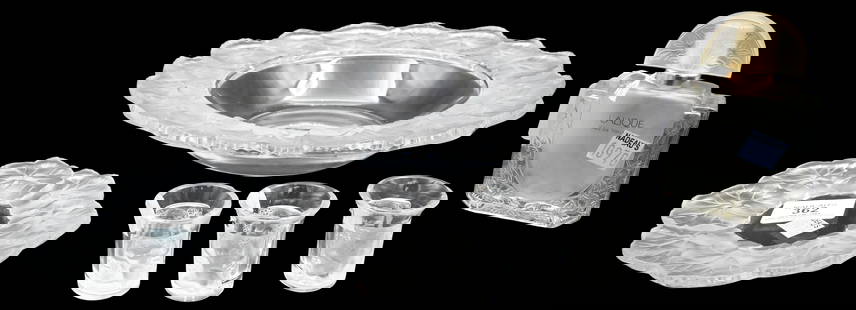 Six Piece Lalique Crystal Group: Six Piece Lalique Crystal Group to include three "Les Enfants" shot liqueur glasses, Lalique "Eau de Toilette" perfume bottle one Honfleurs Geranium plate and one Honfleurs Geranium bowl, each signed
