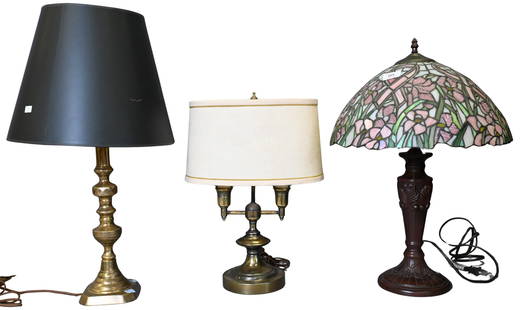 Eight Table Lamps: Eight Table Lamps to include three brass lamps, Waterford style cut glass lamp, pair of ceramic lamps, along with a figural lamp and a Tiffany style slag glass lamp tallest 31 inches