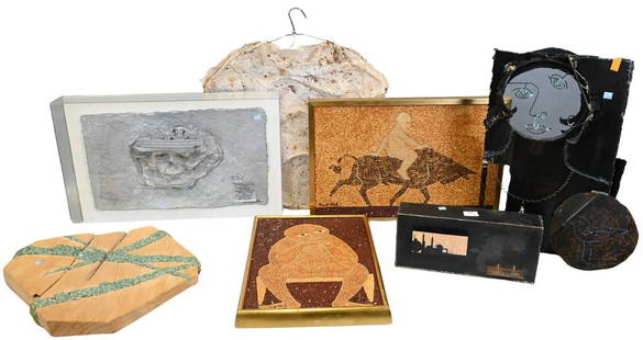 Seven Piece Mid-Century Modern Art Group: Seven Piece Mid-Century Modern Art Group to include metal sculpture of a woman&#8217;s face, handmade paper T-shirt on hanger, shadowbox skull face with plaque, wood and glass sculpture, two corn and