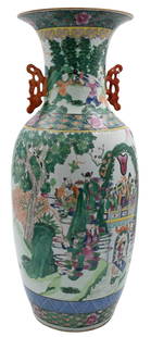 Large Chinese Porcelain Famille Rose Vase: Large Chinese Porcelain Famille Rose Vase having flared neck over tapering body and double dragon handles with featuring mythological scene with eight immortals, palace scene and boys playing, charact