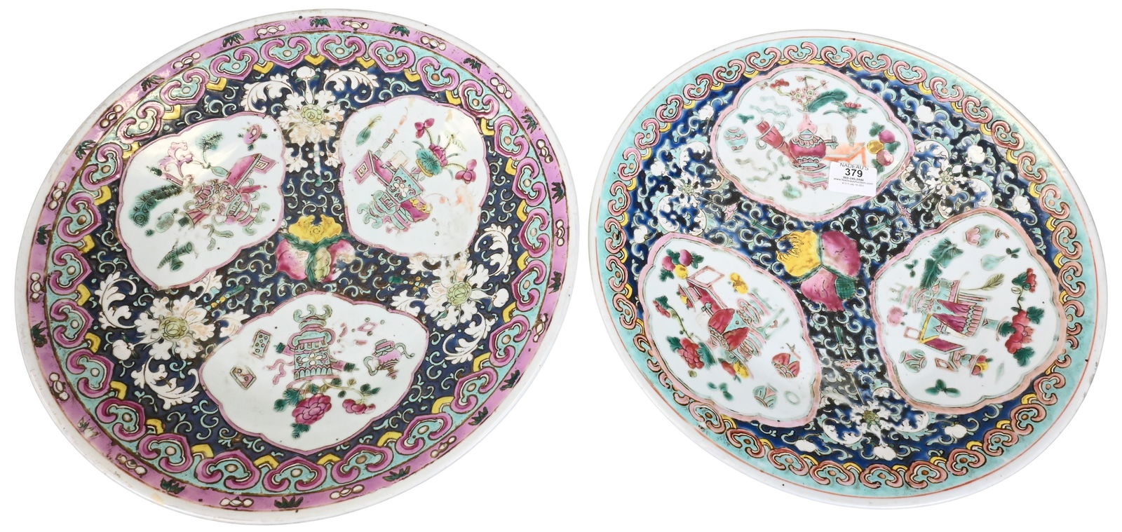 Two Chinese Famille Rose Platters: Two Chinese Famille Rose Platters to include one in purple, the other turquoise and navy, both having cartouches featuring urn and flower motif diameter 16 inches and 15 inches