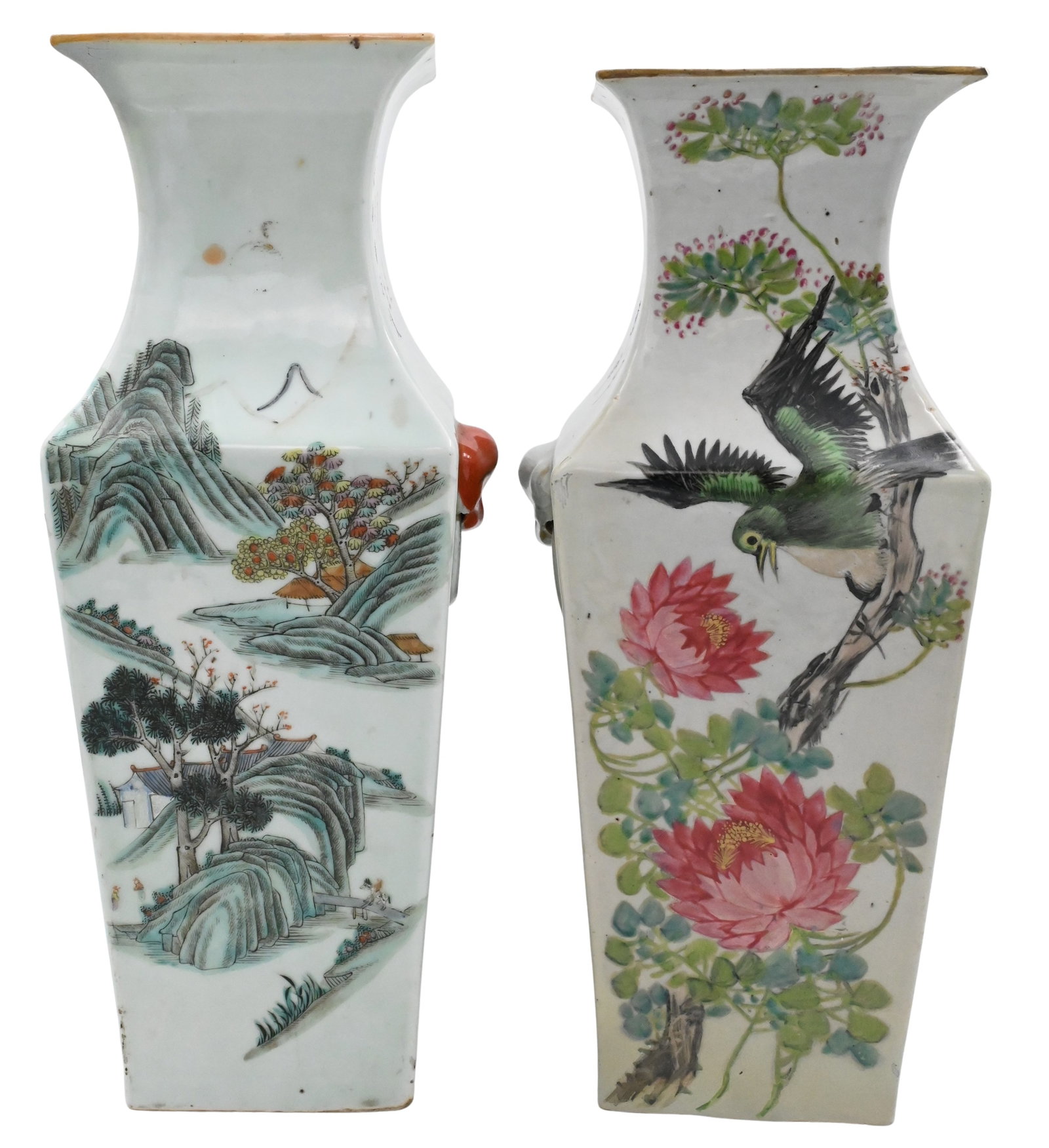 Near Pair of Chinese Qianjiang Square Vases: Near Pair of Chinese Qianjiang Square Vases both having flared necks tapering bodies and foo dog knockers handles featuring enameled landscapes geishas, and birds of paradise and floral motifs, marked