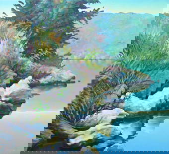 Edward Kellogg (American B.1944): Edward Kellogg (American B.1944) "Landscape by River, Chattanooga, Tennessee", 1987 Oil on canvas Signed and dated lower right E.Kellogg '87 36" x 40"